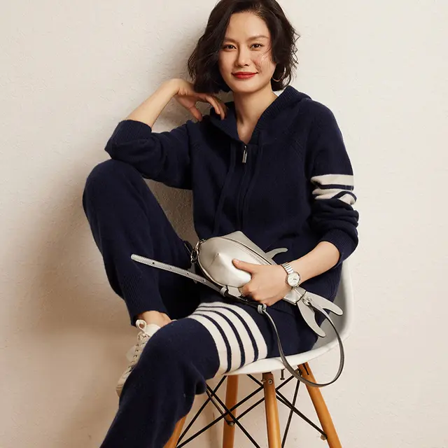 Cashmere Women's Casual Sweater Pants Suit Dark Blue Pants - Shop at LoveMi