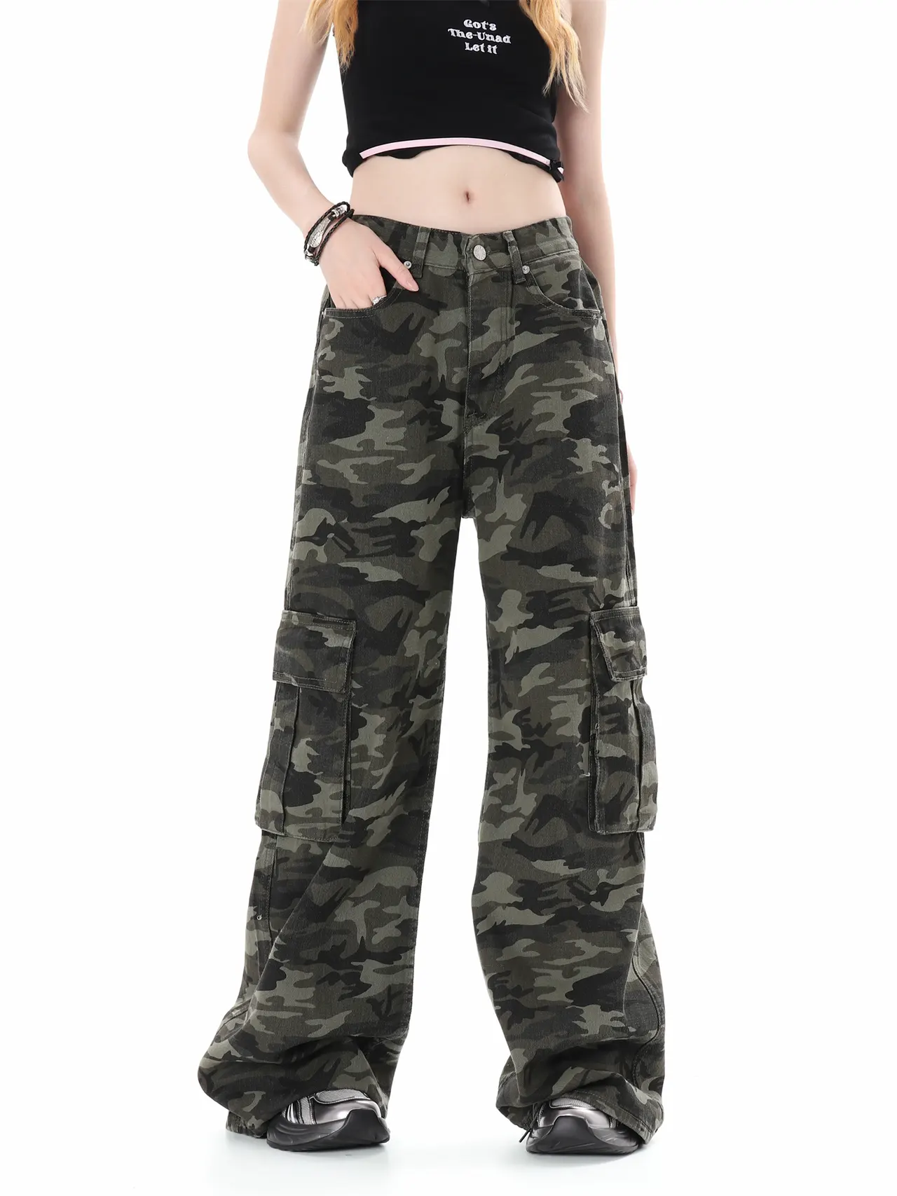 Camouflage Multi Pocket Workwear Jeans For Men And Women Lazy High Street Straight Tube - Fancy Color
