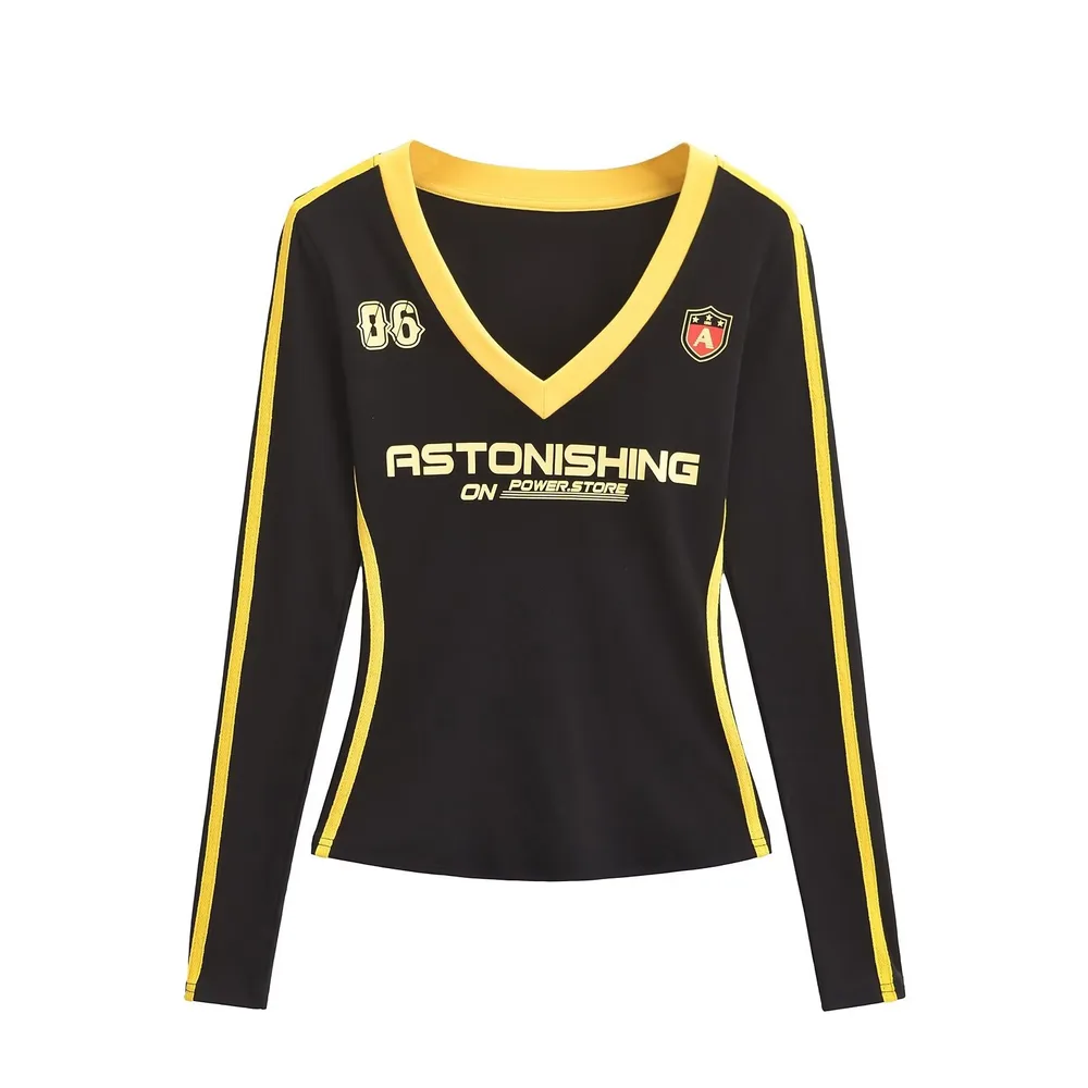 Women's American-style Retro V-neck Printing Colour Contrast Long-sleeved T-shirt - Black Top