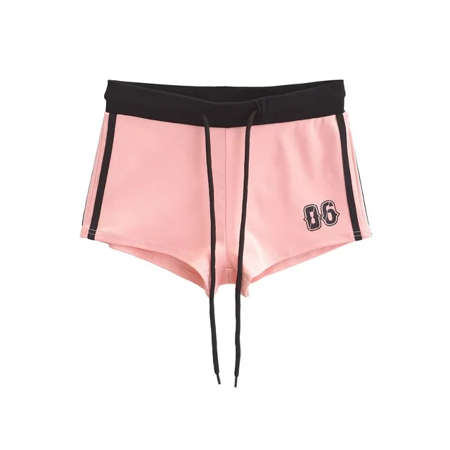 Women's American style Retro V neck Printing Color Contrast Long sleeved T shirt Pink Shorts - Shop at LoveMi