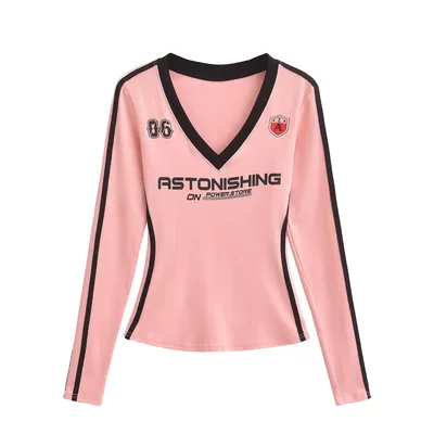 Women's American style Retro V neck Printing Color Contrast Long sleeved T shirt Pink Top - Shop at LoveMi