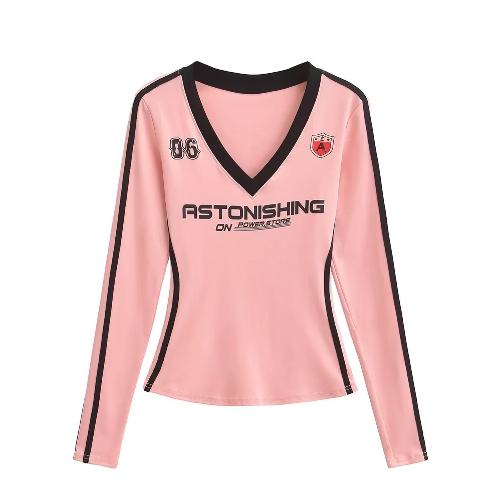 Women's American-style Retro V-neck Printing Colour Contrast Long-sleeved T-shirt - Pink Top - View 1