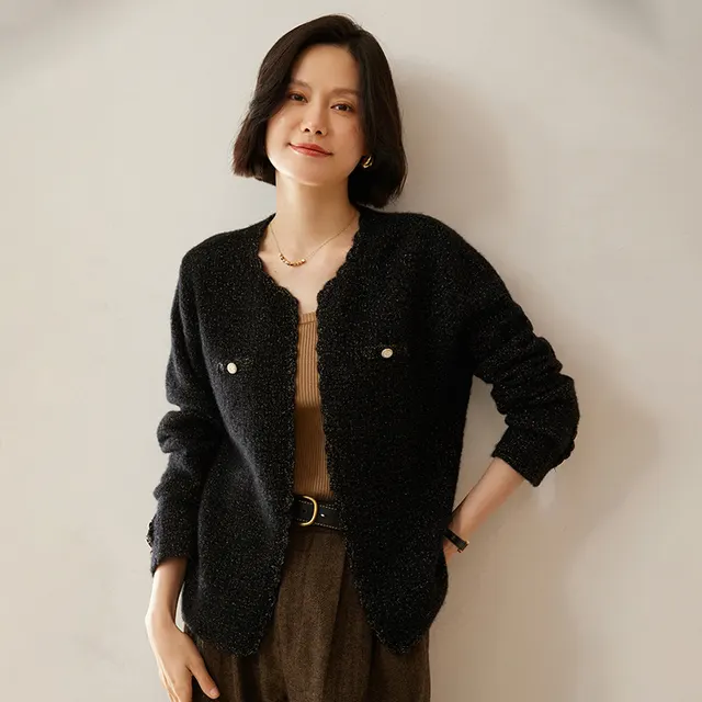Women's Cashmere Cardigan Chanel Coat Loose Knitted Outerwear Round Neck Long Sleeve Gold And Silver Black - Shop at LoveMi
