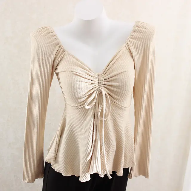 Knitted Drawstring V neck Bottoming Shirt T shirt Shoulder Slimming Slim Top Beige - Shop at LoveMi