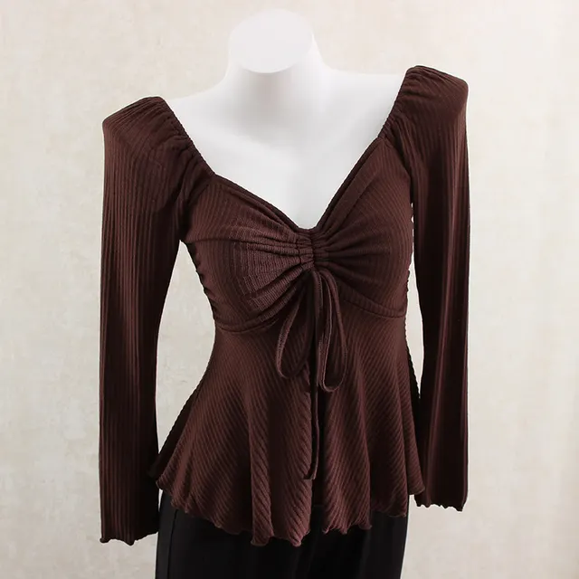 Knitted Drawstring V neck Bottoming Shirt T shirt Shoulder Slimming Slim Top Brown - Shop at LoveMi