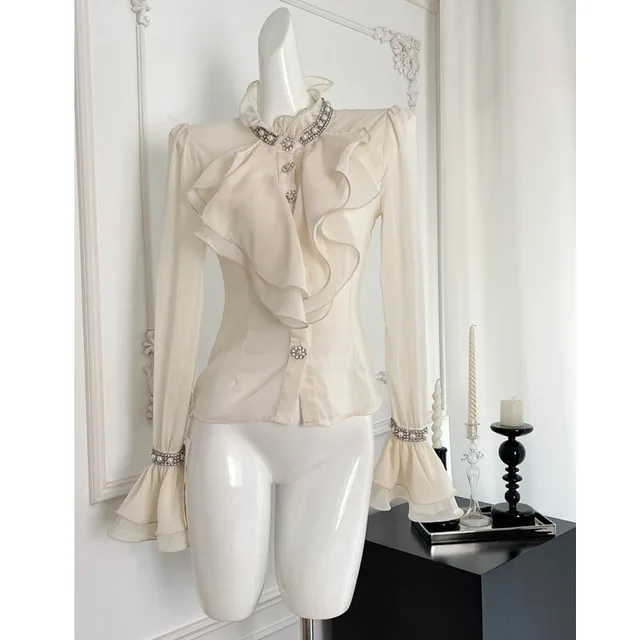 Exquisite Rhinestone White Shirt High grade Chiffon Ruffle Top Apricot Top - Shop at LoveMi