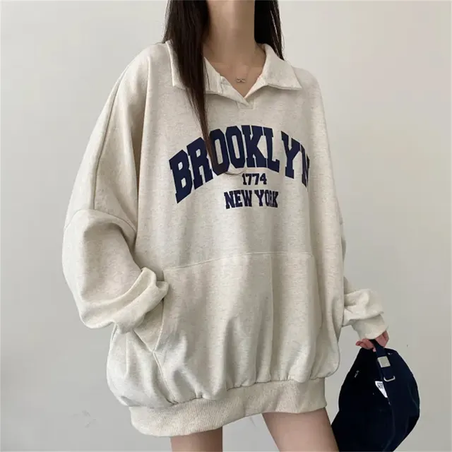 Polo Sweater Loose Fleece lined Padded Pullover Light Gray - Shop at LoveMi