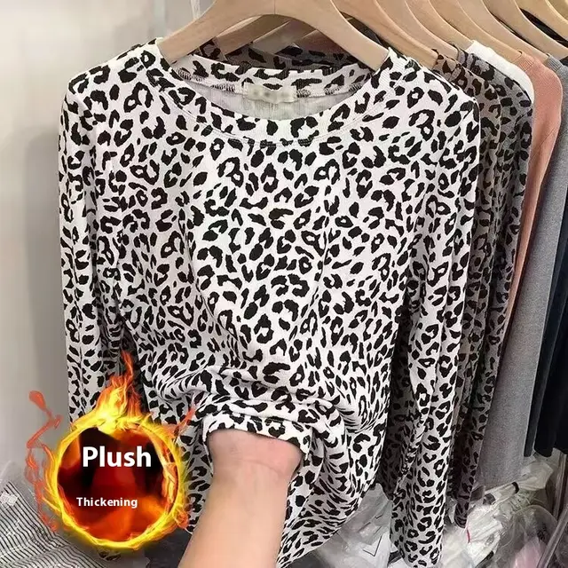 Fashionable Leopard Print Long Sleeve All match Round Neck Bottoming Shirt White Add Velvet - Shop at LoveMi