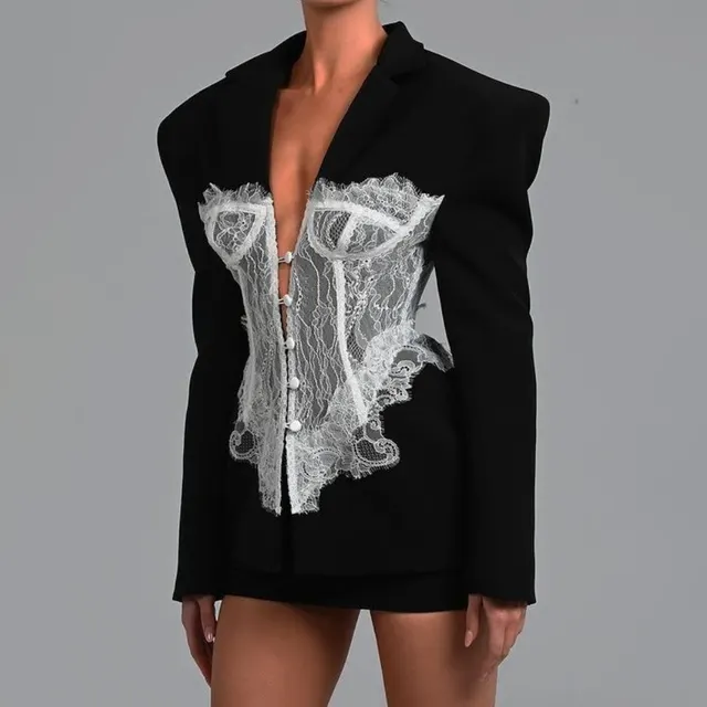 Women's High grade Lace Stitching Suit Autumn Thin Waist Black - Shop at LoveMi