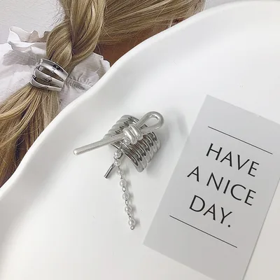 High Sense Pearl Chain Decorative Hair Hook Fashion Metal Low Ponytail Hairpin Silver - Shop at LoveMi