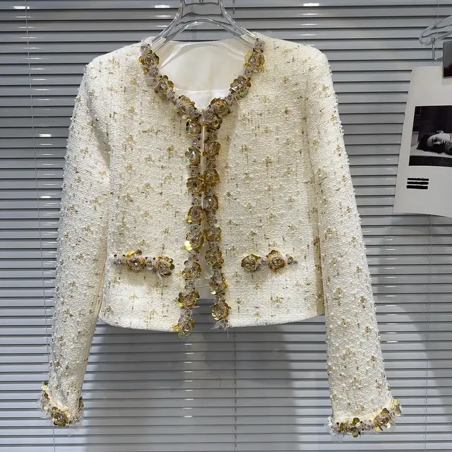 Golden Bright Piece Flower Beaded Edge Tweed Light Luxury Short Coat Top Apricot - Shop at LoveMi