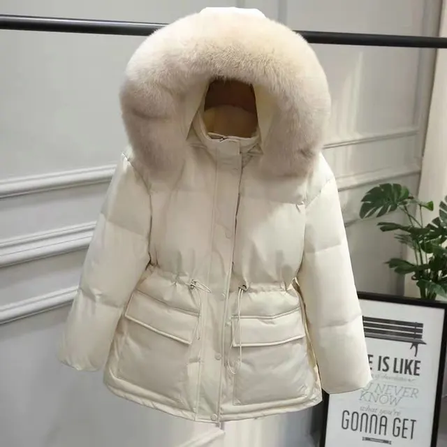 Slimming Drawstring Thick With Cap Big Fur Collar Coat Beige - Shop at LoveMi