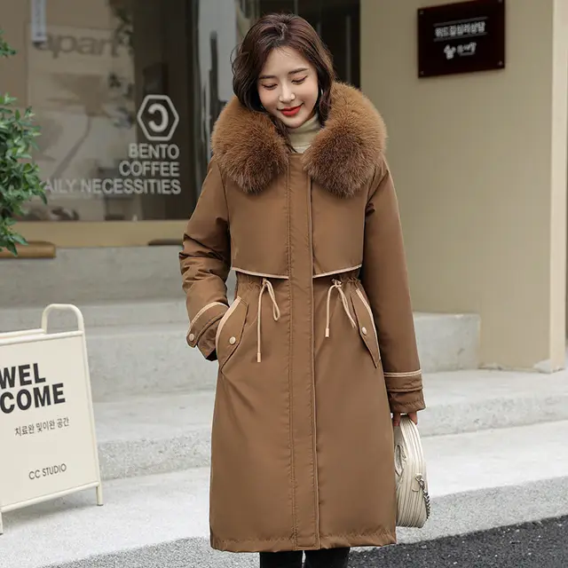 Women's Cotton padded Overknee Parka Plus Size Down Coat Jacket Brown - Shop at LoveMi