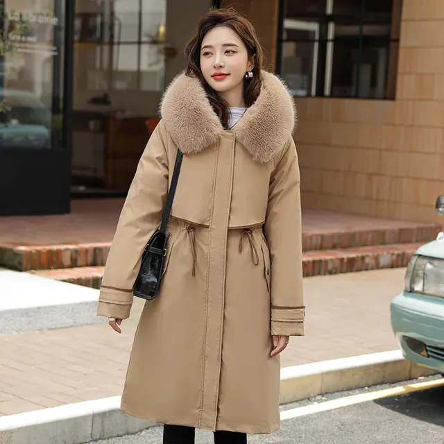 Women's Cotton padded Overknee Parka Plus Size Down Coat Jacket Khaki - Shop at LoveMi