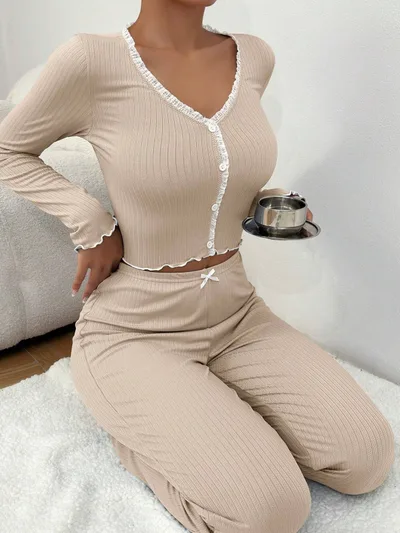 Home Wear Pajamas Long sleeved Trousers Slim Fit Sexy Lace Pairs Long Pajama Set Khaki - Shop at LoveMi