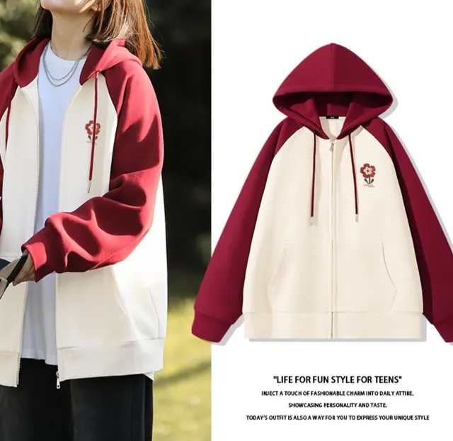 New Contrast Color Women's Clothing Winter Fleece lined Casual Cardigan Coat Outerwear Women 01 Burgundy Flowers - Shop at LoveMi