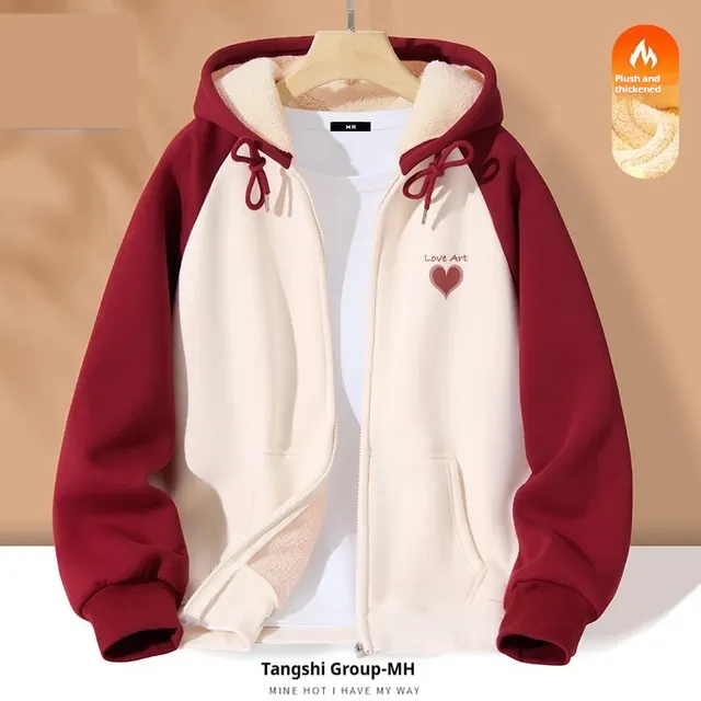 New Contrast Color Women's Clothing Winter Fleece lined Casual Cardigan Coat Outerwear Women Wine Red Love - Shop at LoveMi