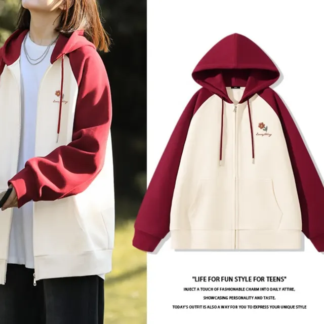 New Contrast Color Women's Clothing Winter Fleece lined Casual Cardigan Coat Outerwear Women Wine Red Lucky Flower - Shop at LoveMi