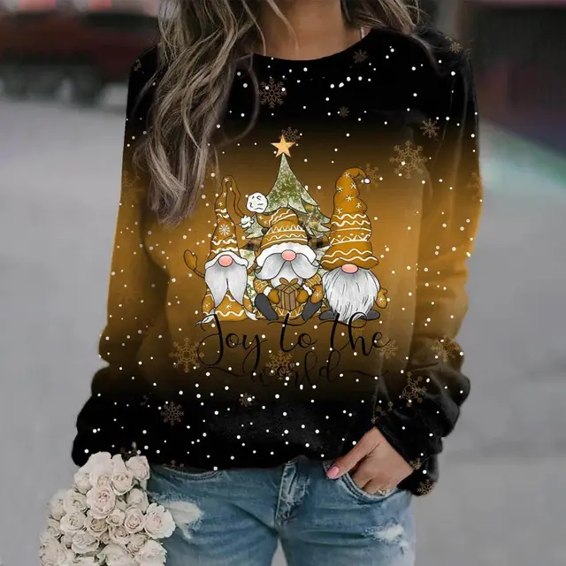 European And American Christmas Theme Printing Loose Knitted Long Sleeves T Orange - Shop at LoveMi