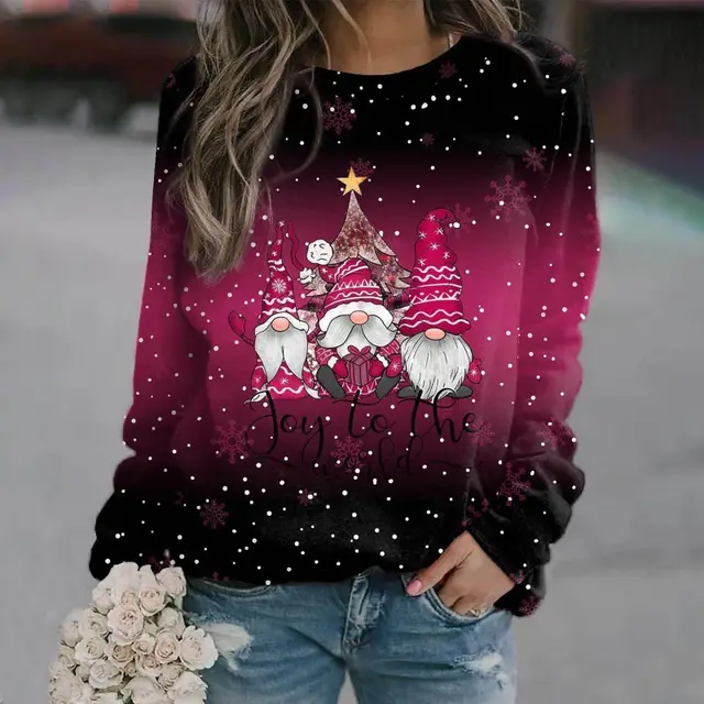 European And American Christmas Theme Printing Loose Knitted Long Sleeves T Pink - Shop at LoveMi