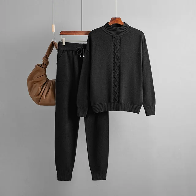 Half Turtleneck Twist Knitting Suit Casual Sweater Black - Shop at LoveMi