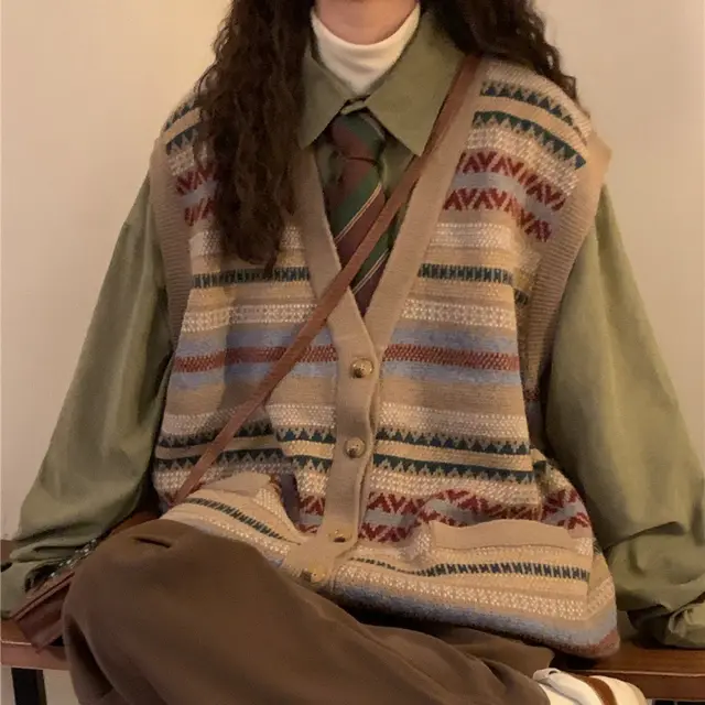 Korean Style Loose Knitted Collar Top Khaki Vest Green Shirt Suit - Shop at LoveMi