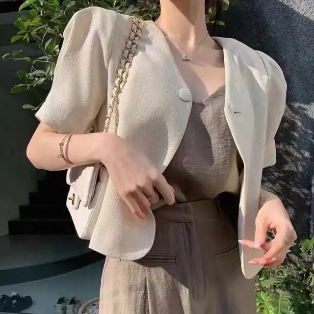 Simple Linen Small Suit Shirt Short Temperament One Button Apricot - Shop at LoveMi