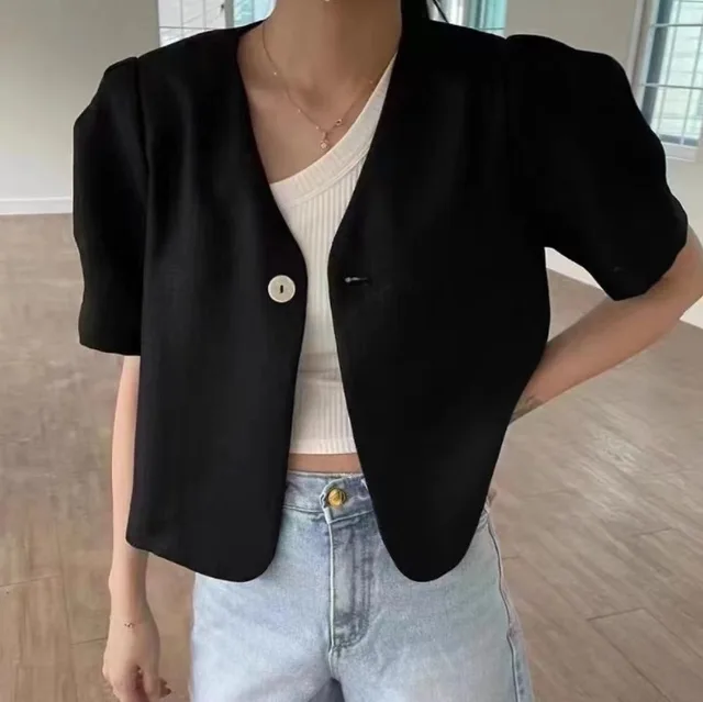 Simple Linen Small Suit Shirt Short Temperament One Button Black - Shop at LoveMi