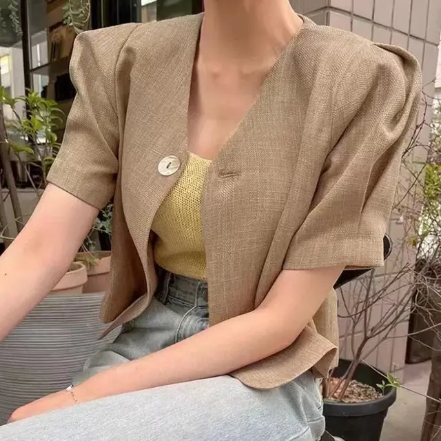 Simple Linen Small Suit Shirt Short Temperament One Button Khaki - Shop at LoveMi