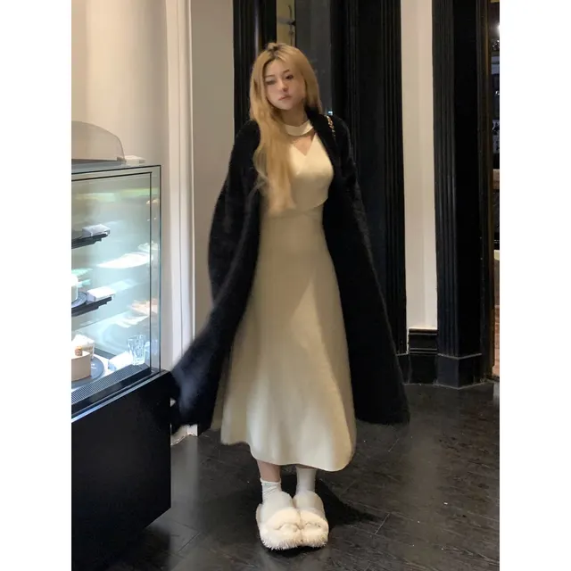 Soft Glutinous Knitted Cardigan Sweater For Women Autumn And Winter New Loose Black Lengthened - Shop at LoveMi