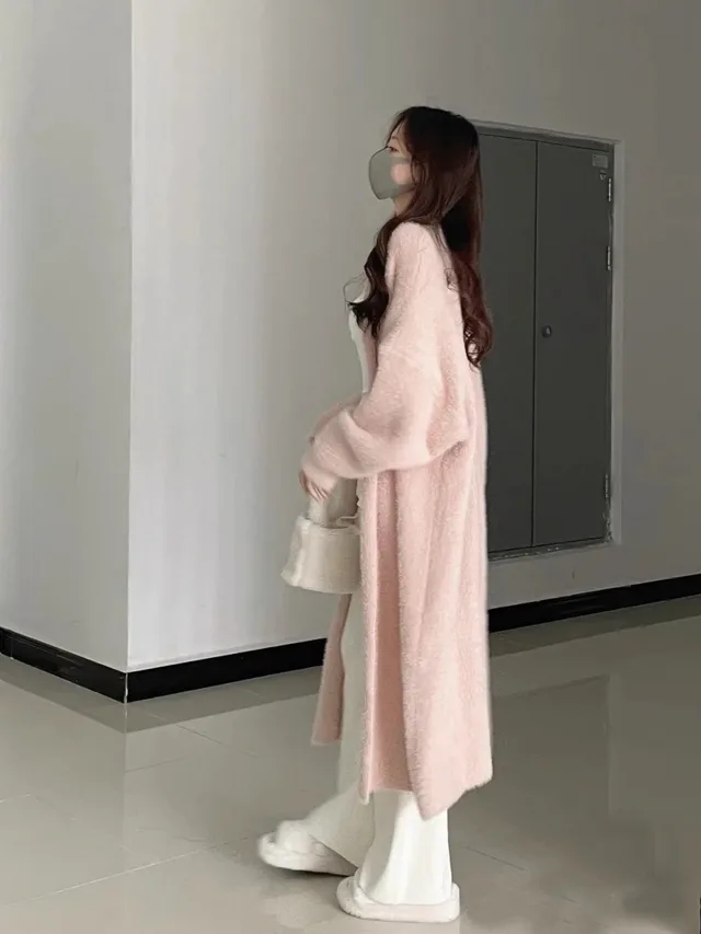 Soft Glutinous Knitted Cardigan Sweater For Women Autumn And Winter New Loose Pink Medium Length - Shop at LoveMi