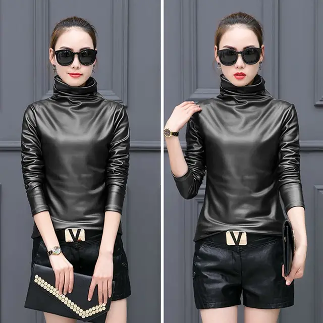 Fleece lined Thick Leather Coat Turtleneck Bottoming Shirt For Women Black - Shop at LoveMi