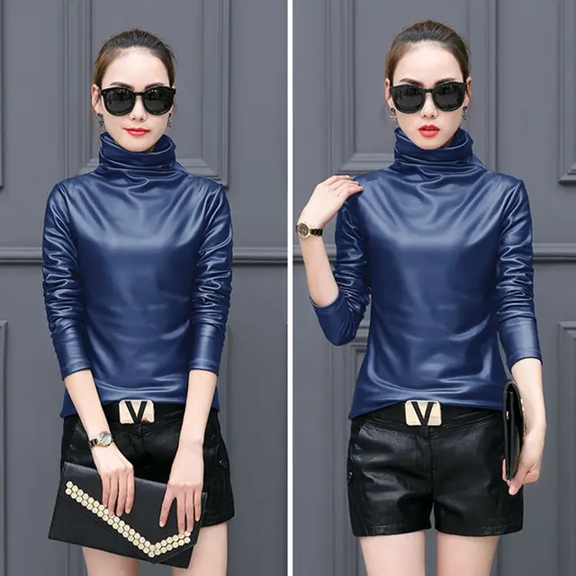 Fleece lined Thick Leather Coat Turtleneck Bottoming Shirt For Women Blue - Shop at LoveMi