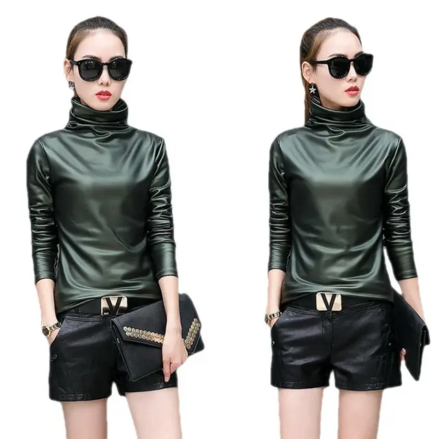 Fleece lined Thick Leather Coat Turtleneck Bottoming Shirt For Women Green - Shop at LoveMi