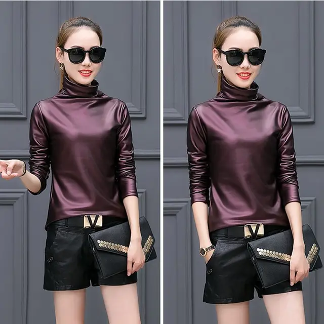 Fleece lined Thick Leather Coat Turtleneck Bottoming Shirt For Women Wine Red - Shop at LoveMi