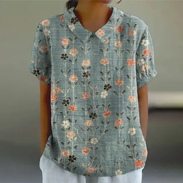 Women's Floral Stitching National Style Printing Lapel Short Sleeve I - Shop at LoveMi
