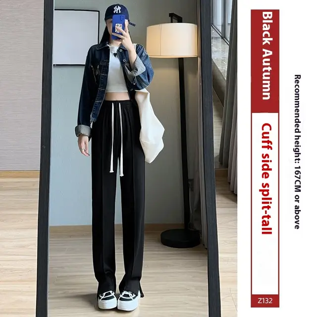 Sports Straight Loose Casual Slit Wide Leg Pants Black And Long - Shop at LoveMi