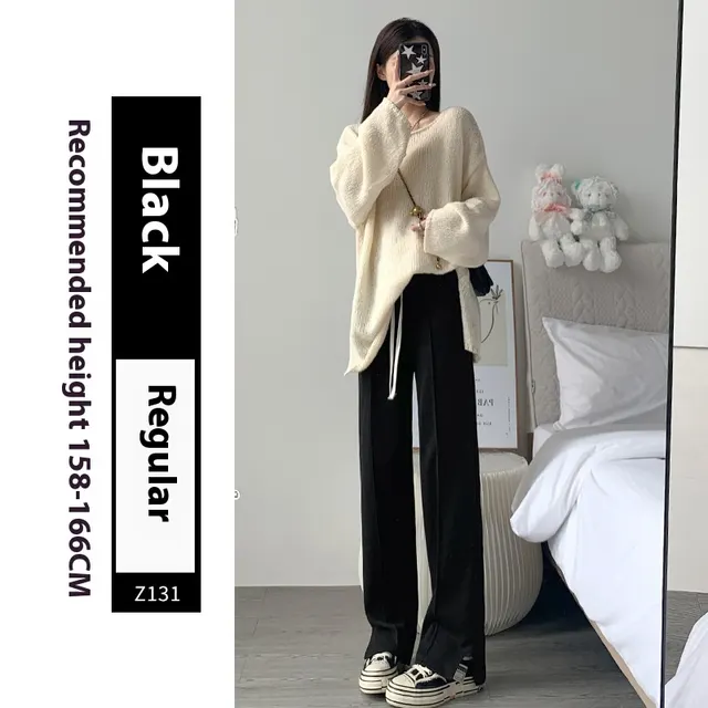 Sports Straight Loose Casual Slit Wide Leg Pants Black Regular - Shop at LoveMi