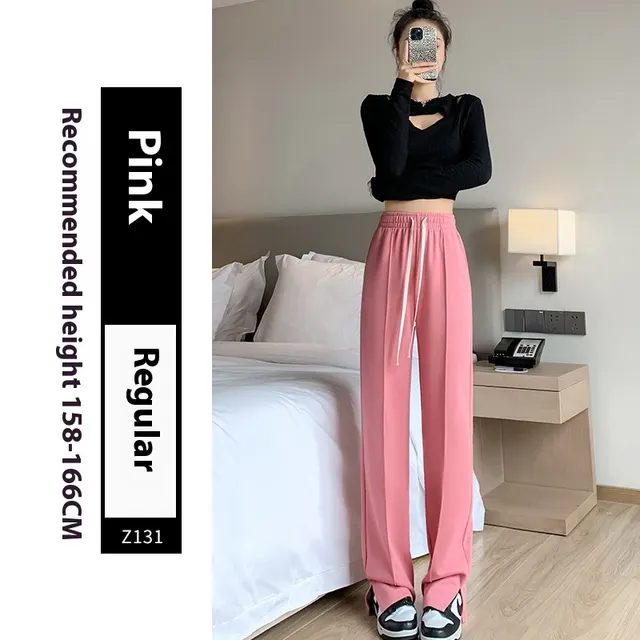 Sports Straight Loose Casual Slit Wide Leg Pants Pink Conventional - Shop at LoveMi