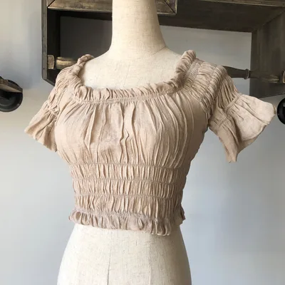 Beach Bikini Slubbed Fabric Vacation Off shoulder Swimsuit Tops Khaki - Shop at LoveMi