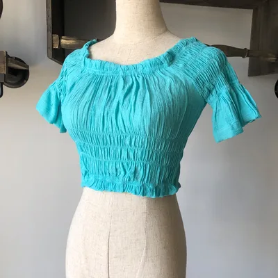 Beach Bikini Slubbed Fabric Vacation Off shoulder Swimsuit Tops Sky Blue - Shop at LoveMi