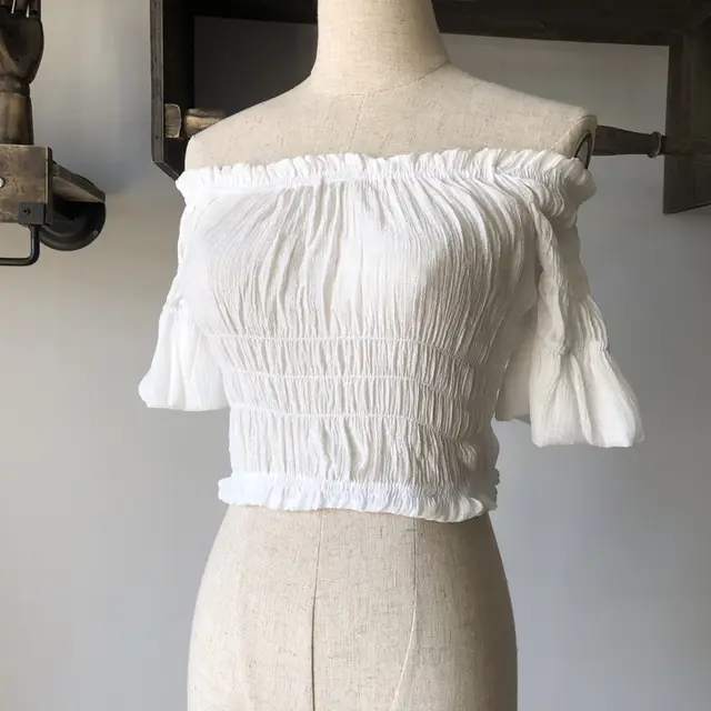 Beach Bikini Slubbed Fabric Vacation Off shoulder Swimsuit Tops White - Shop at LoveMi