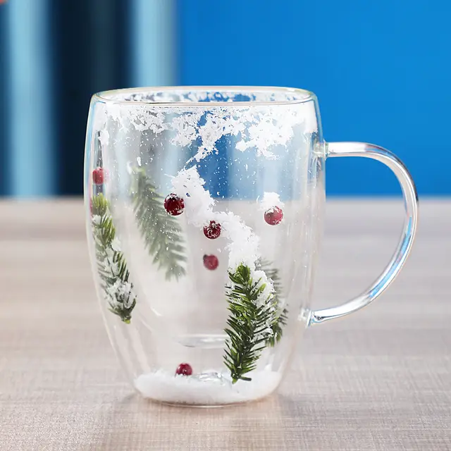 Christmas High Borosilicate Heat resistant Double Layer Glass Cup 350Ml Snow Style - Shop at LoveMi