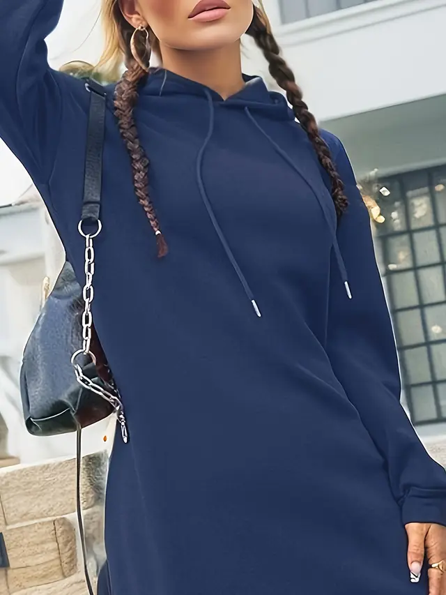 Casual Loose Fleece lined 250g Autumn And Winter Women's Hooded Sweater Navy Blue - Shop at LoveMi