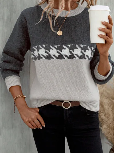 Contrast Color Pullover Round Neck Knitted Sweater Fashion Geometry Pattern Light Gray - Shop at LoveMi