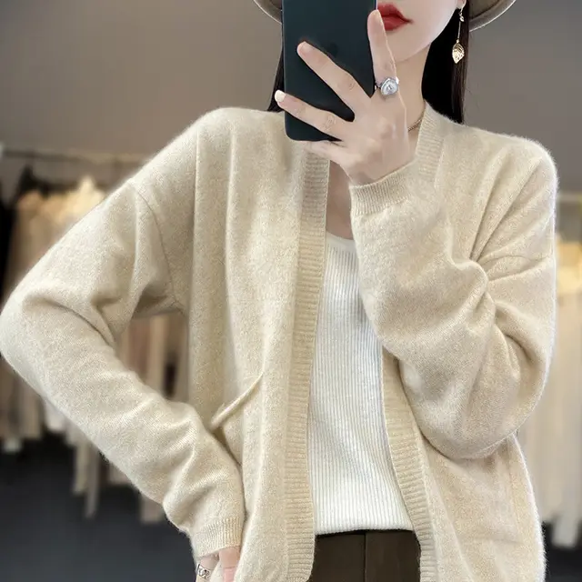 Spring And Autumn New Cardigan Solid Color And V neck Thin Loose Slimming And All matching Coat With Pocket Raw Velvet Rice - Shop at LoveMi