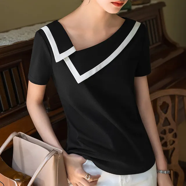 Women's French style Contrast Color Short sleeved Top Black - Shop at LoveMi