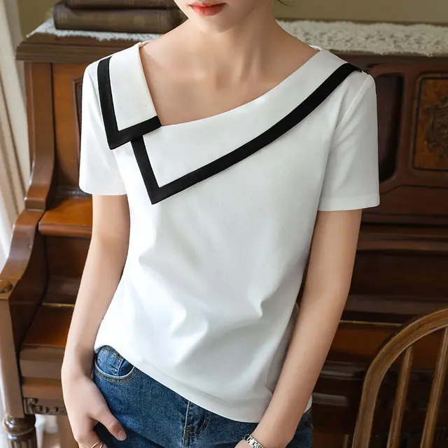Women's French style Contrast Color Short sleeved Top White - Shop at LoveMi