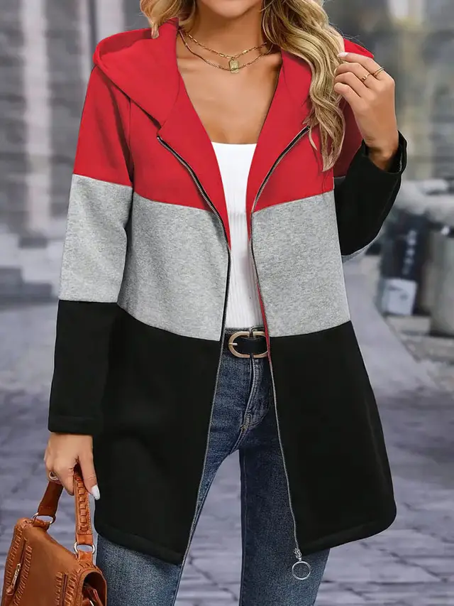 Autumn And Winter Leisure Fashion Loose Color Contrast Patchwork Hooded Jacket Red - Shop at LoveMi
