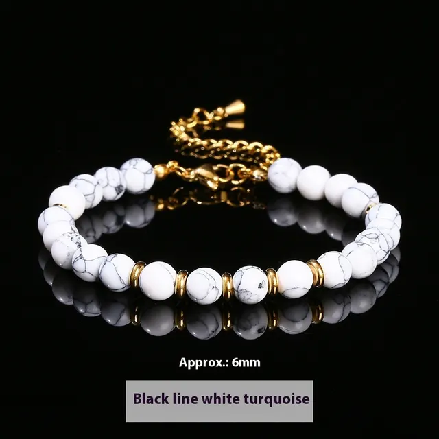 7A Natural Black Agate Crystal Round Beads Stainless Steel Bracelet Black Line White Turquoise - Shop at LoveMi